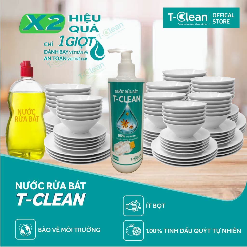 Nước Rửa Chén T-Clean 95% Thiên Nhiên,Làm sạch, An Toàn cho Trẻ, Tiết Kiệm 2 lần, Mền Da Tay