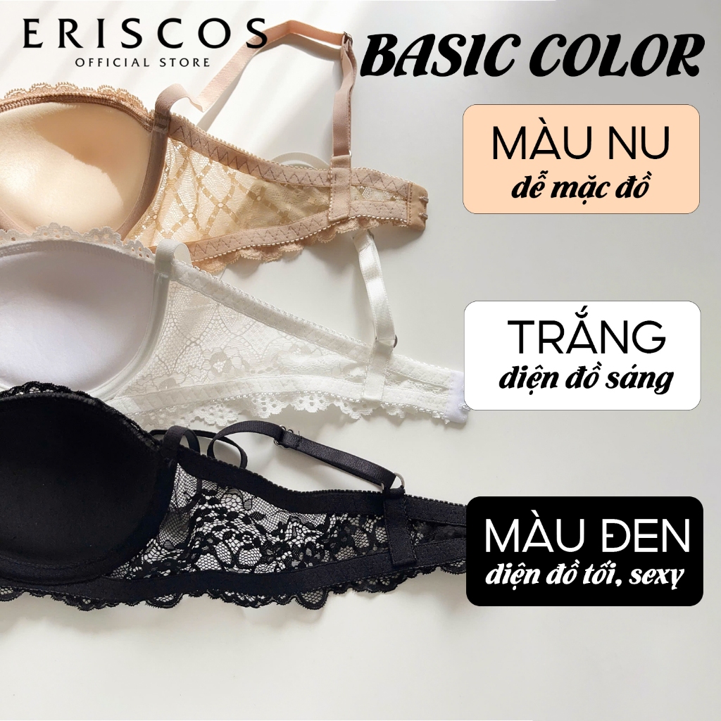 Áo ngực ren cup ngang có mút nâng vừa 1.6CM gợi cảm 3 màu trắng đen nu basic có size lớn Eriscos phù hợp ngực nhỏ và lớn