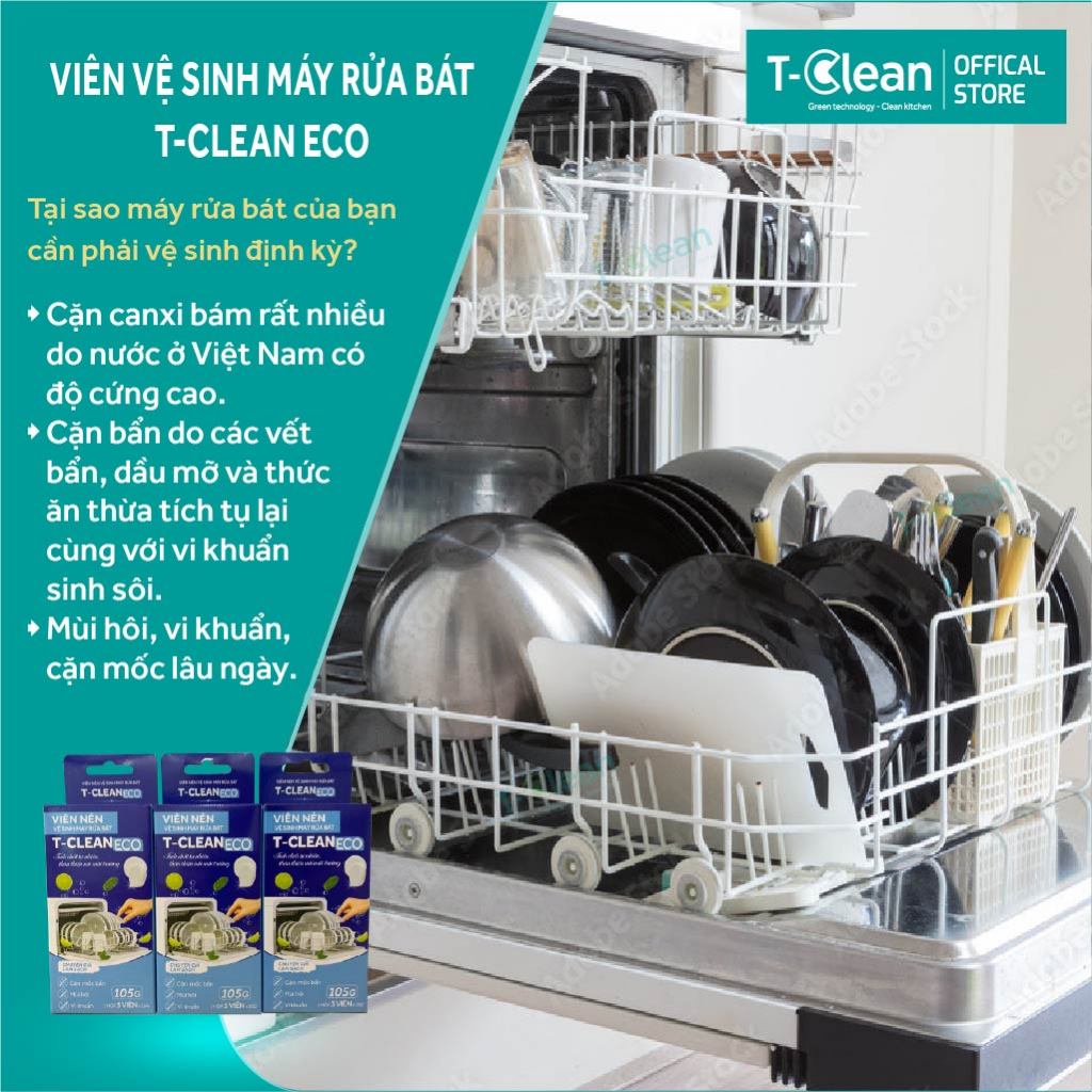 Hộp 4 Viên Vệ sinh máy rửa chén bát tự động TClean sạch nhờn, sạch bẩn,sạch cặn mỡ