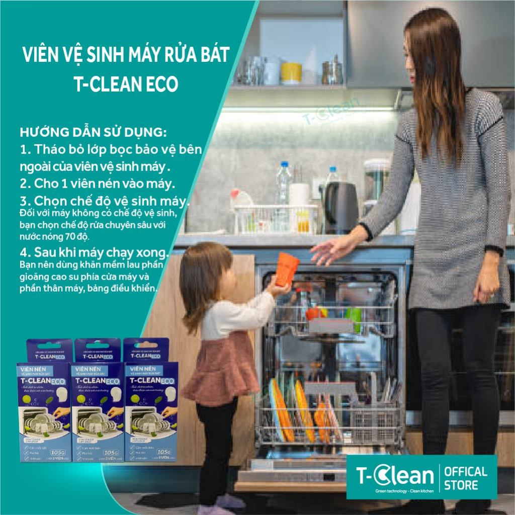 Hộp 4 Viên Vệ sinh máy rửa chén bát tự động TClean sạch nhờn, sạch bẩn,sạch cặn mỡ