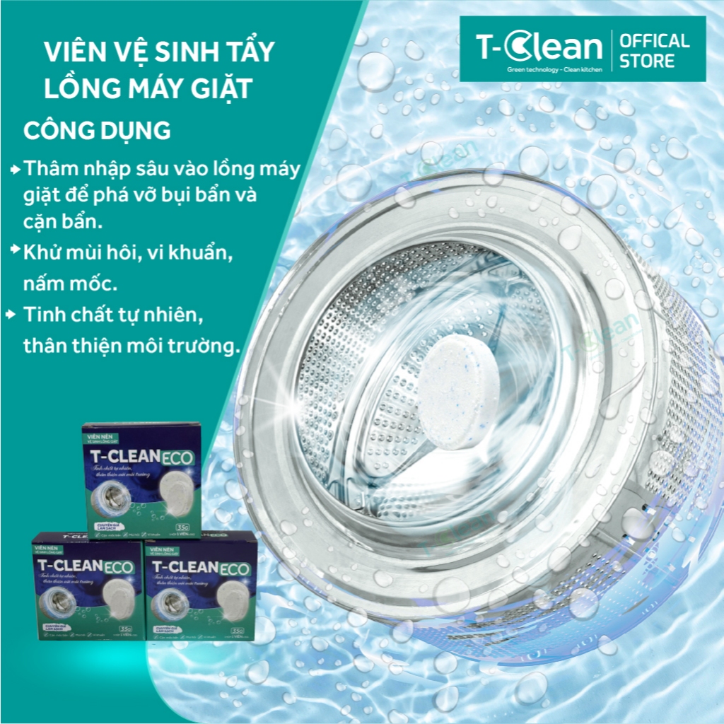 Viên vệ sinh máy giặt T-Clean (TClean) 35g/ viên, loại bỏ mùi hôi, cặn bẩn, sáng bóng
