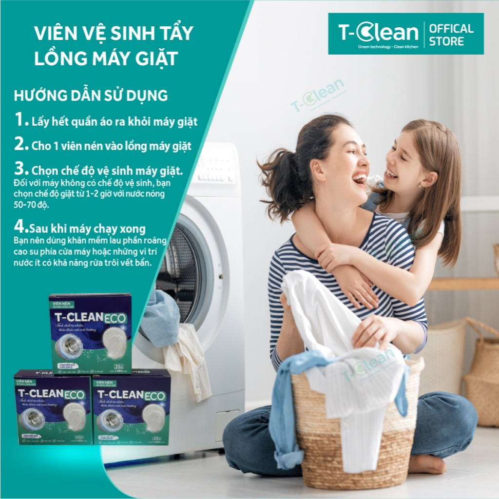 Viên vệ sinh máy giặt T-Clean (TClean) 35g/ viên, loại bỏ mùi hôi, cặn bẩn, sáng bóng