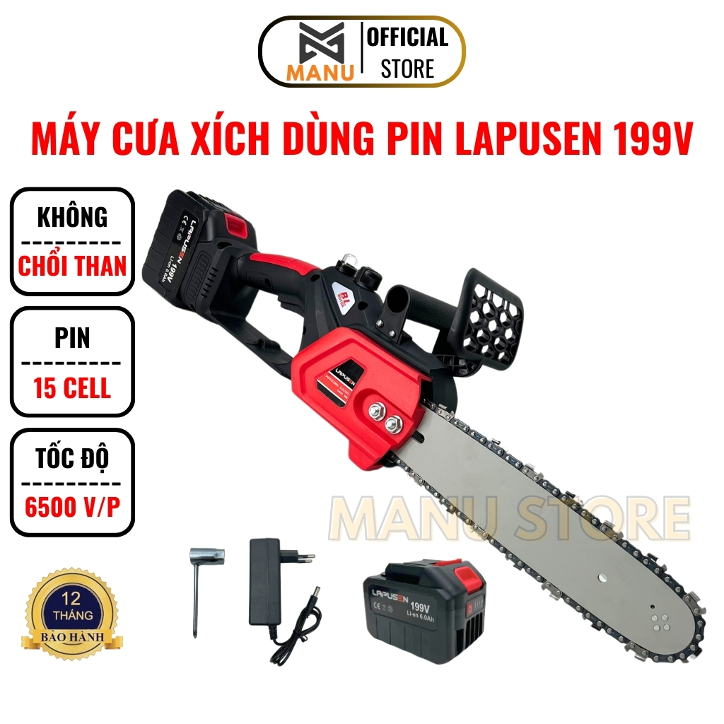 Máy cưa xích pin cưa gỗ mini cầm tay KHÔNG CHỔI THAN LAPUSEN 199V pin ...