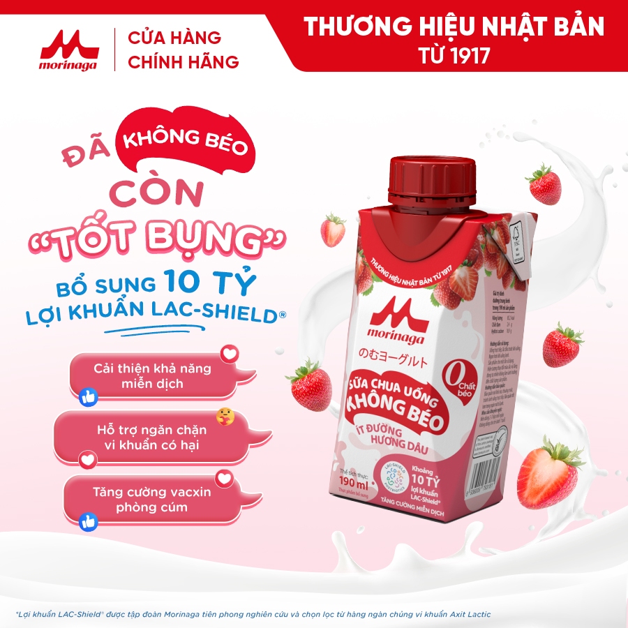 Ảnh Thùng Sữa Chua Uống Không Béo Morinaga vị dâu - 24 hộp x 190ml - Ít đường & calo, 10 tỷ lợi khuẩn - Tăng miễn dịch 3