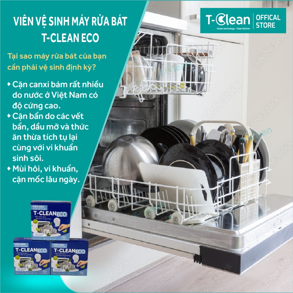 Viên vệ sinh máy rửa chén bát T-Clean (Tclean) sạch nhờn, sạch bẩn, sạch căn mỡ 35g/viên