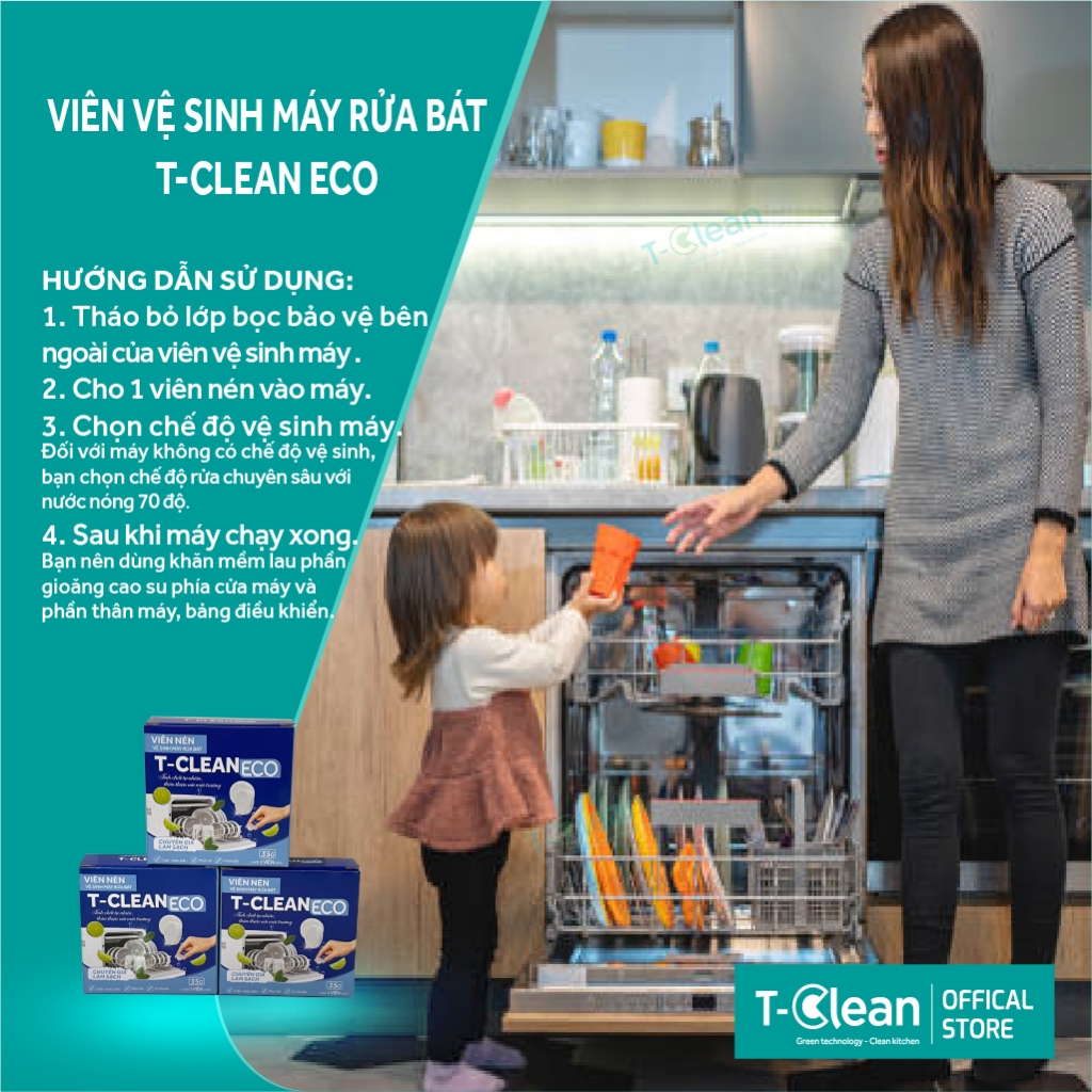 Viên vệ sinh máy rửa chén bát T-Clean (Tclean) sạch nhờn, sạch bẩn, sạch căn mỡ 35g/viên