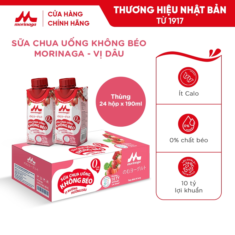Ảnh Thùng Sữa Chua Uống Không Béo Morinaga vị dâu - 24 hộp x 190ml - Ít đường & calo, 10 tỷ lợi khuẩn - Tăng miễn dịch 1
