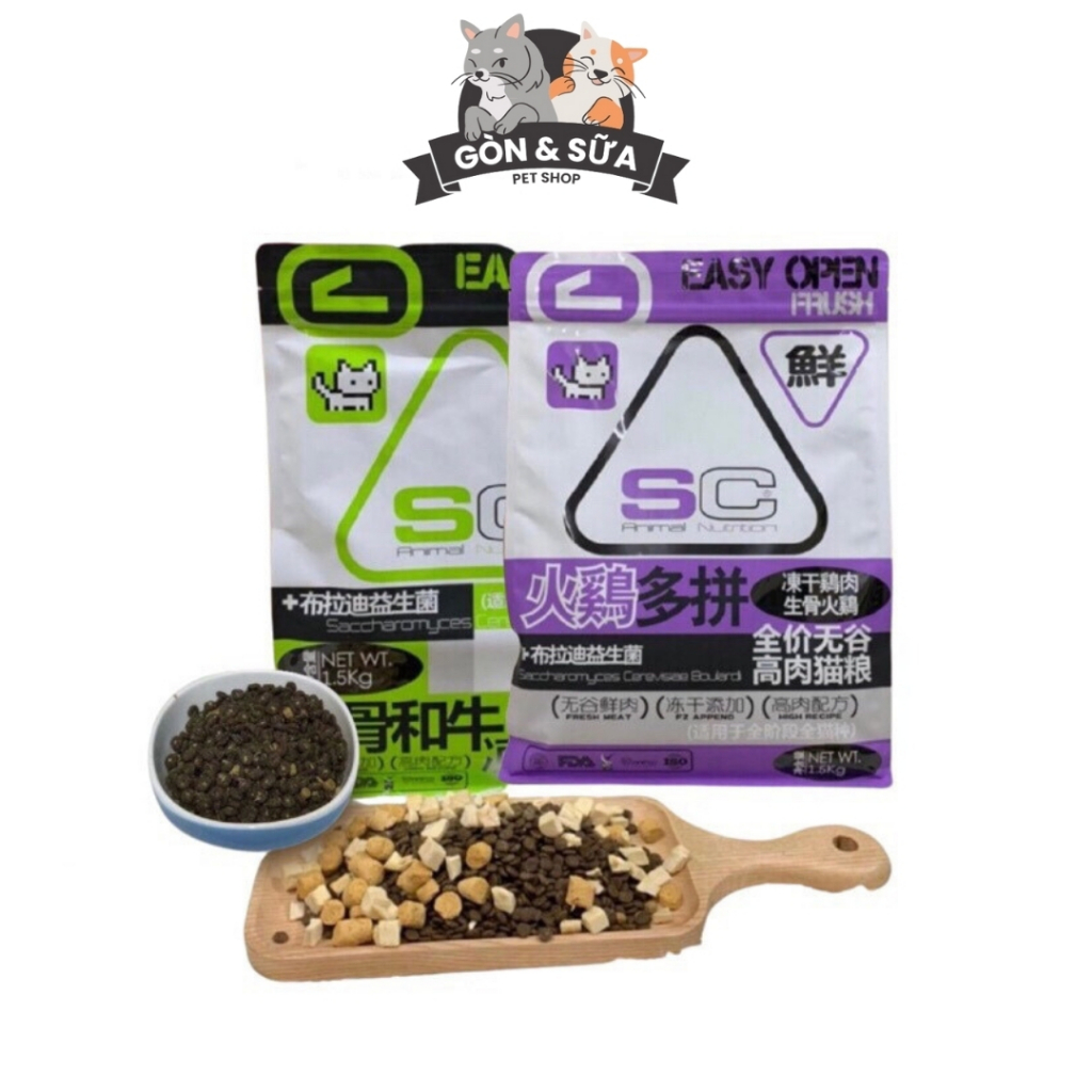 Hạt mèo SC nhiều topping cho mèo mọi lứa tuổi túi 1,5Kg protein 42%,thức ăn cho mèo SC giúp tăng cân
