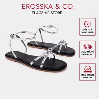 Erosska - Giày sandal đế bằng mũi hở phối nơ phong cách đơn giản năng động màu bạc cao 1cm - EM134