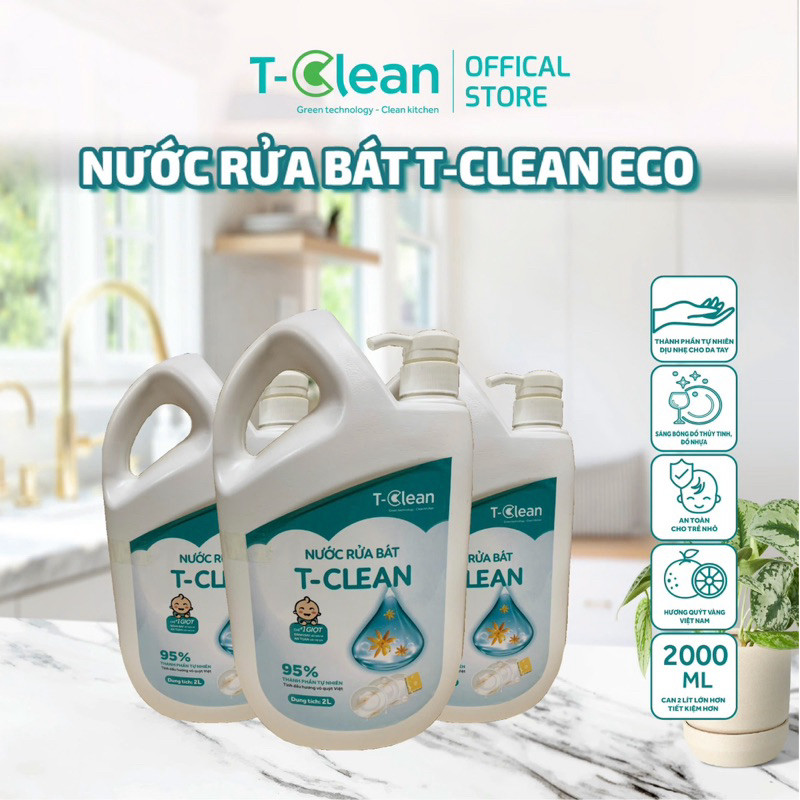 Nước Rửa Chén T-Clean Can 2L Thành phần thiên nhiên, An Toàn, Không Hại Da Tay,Thân Thiện Môi Trường