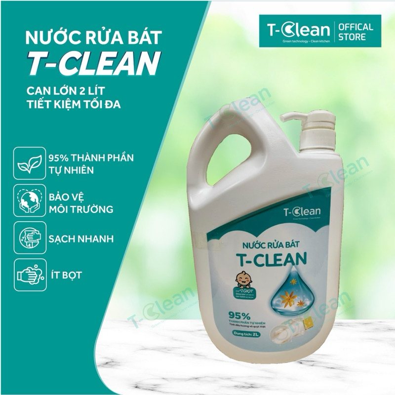 Nước Rửa Chén T-Clean Can 2L Thành phần thiên nhiên, An Toàn, Không Hại Da Tay,Thân Thiện Môi Trường
