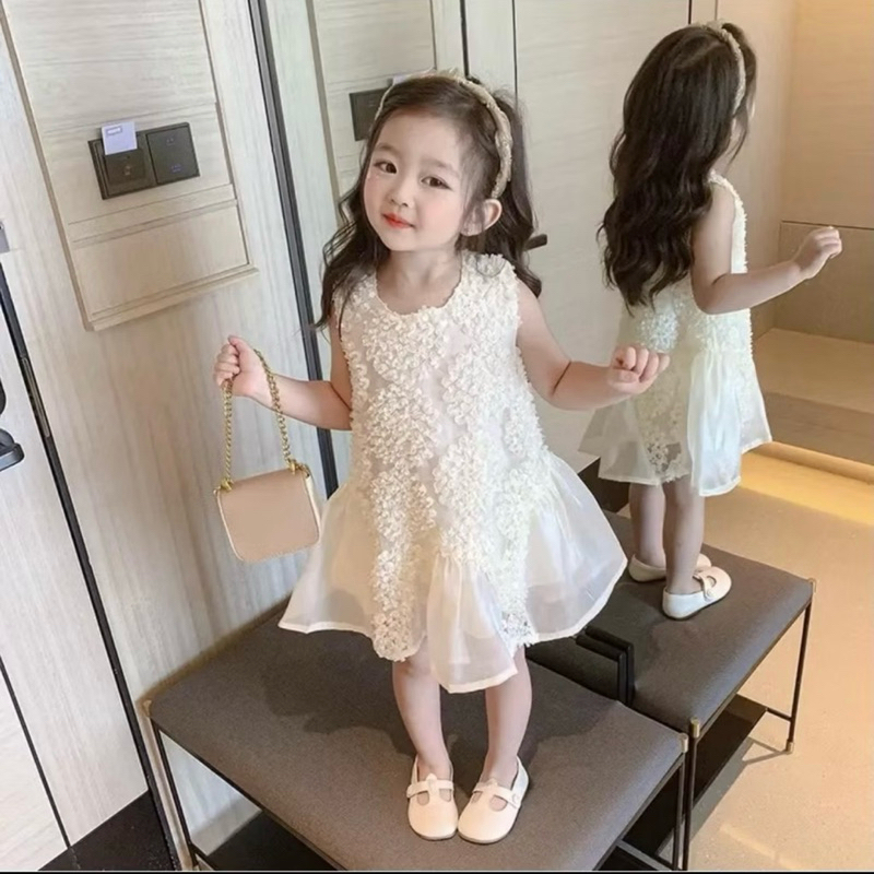 DL40 Váy cho bé Diệu Linh shop kids - váy thiết kế ren cẩm tú cầu màu trắng kem đinh nơ cho bé diện đi tiệc 8-26kg