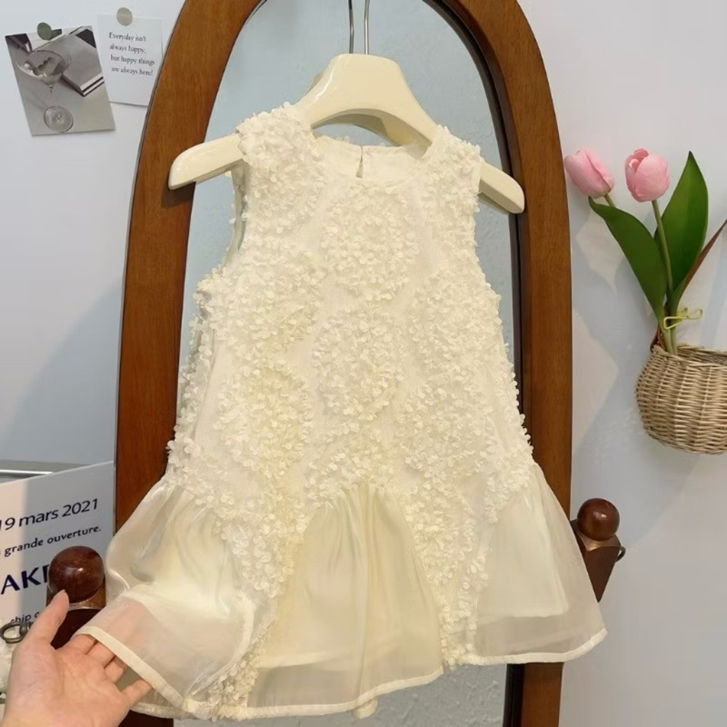 DL40 Váy cho bé Diệu Linh shop kids - váy thiết kế ren cẩm tú cầu màu trắng kem đinh nơ cho bé diện đi tiệc 8-26kg