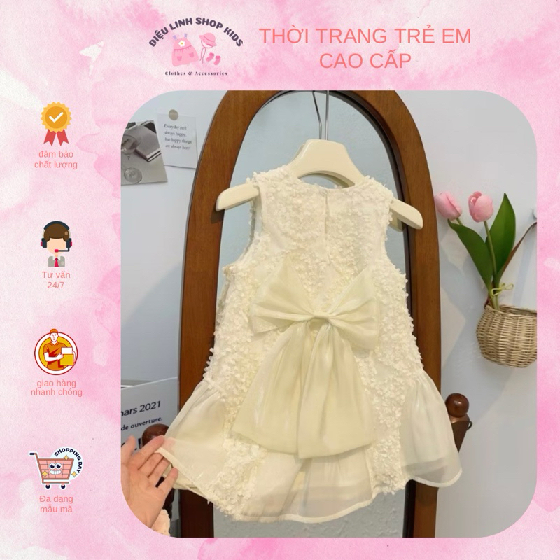 DL40 Váy cho bé Diệu Linh shop kids - váy thiết kế ren cẩm tú cầu màu trắng kem đinh nơ cho bé diện đi tiệc 8-26kg