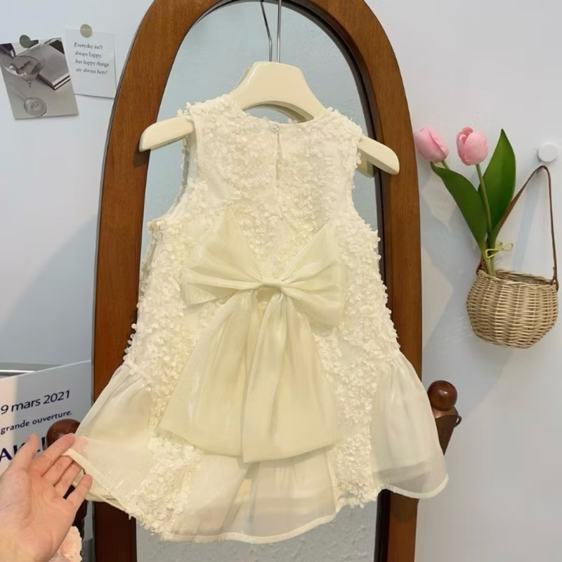 DL40 Váy cho bé Diệu Linh shop kids - váy thiết kế ren cẩm tú cầu màu trắng kem đinh nơ cho bé diện đi tiệc 8-26kg