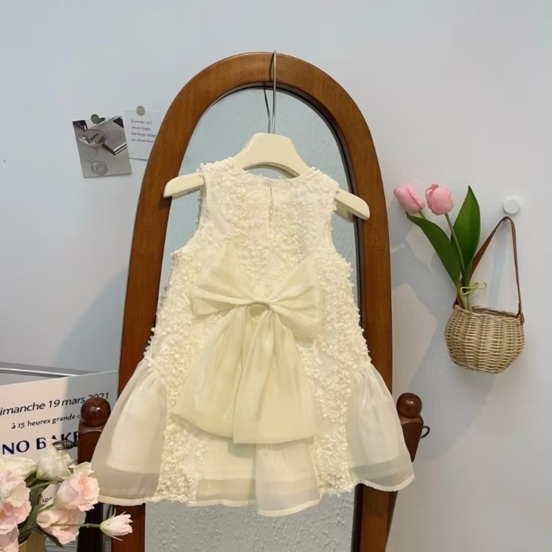 DL40 Váy cho bé Diệu Linh shop kids - váy thiết kế ren cẩm tú cầu màu trắng kem đinh nơ cho bé diện đi tiệc 8-26kg
