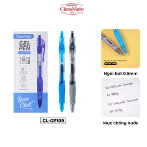 Bút Gel Béo Bấm Ngòi 0.5mm Basic CLASSMATE, Bút Bi Mực Xanh Đen Không Thấm Nước, Có Ngòi Thay Thế CL-GP109