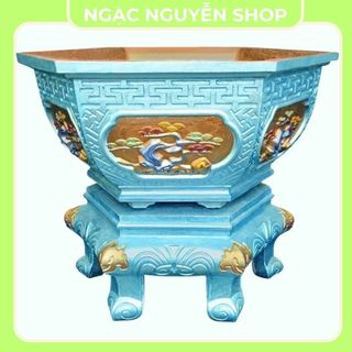 Khuôn đúc chậu lục giác rộng 40cm hoa văn phúc lộc thọ tùng sen mai abs không chân tặng kèm búa cao su, chốt nhựa,