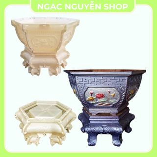 Khuôn đúc chậu lục giác rộng 40cm hoa văn phúc lộc thọ tùng sen mai abs không chân tặng kèm búa cao su, chốt nhựa,