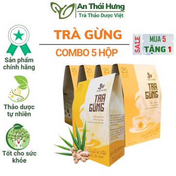 [Sét 05 tặng 1] Trà Gừng Thái Hưng (Hộp 25 túi lọc x 5g) Tăng Huyết Áp Thấp, Chống Cảm Lạnh, Cảm Cúm
