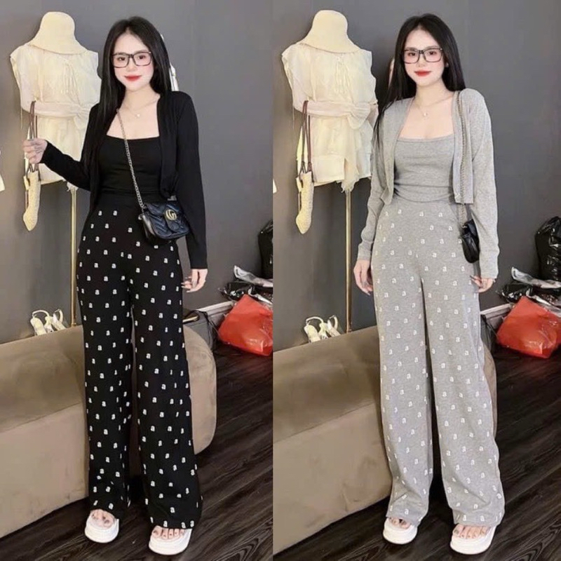 sét bộ 3 món, áo dây kèm áo khoác ngoài tay dài màu trơn, quần suông in full chữ a, chất thun tăm lạnh