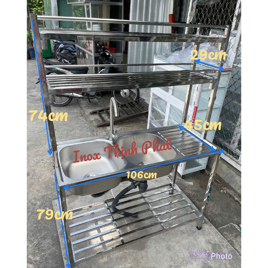 Trọn Bộ Chậu Rửa Xếp Gọn Inox Có Vòi Đầy Đủ Phụ Kiện 2 Hộc 1 Lá 45x106 Cm Kèm Kệ 2 Tầng