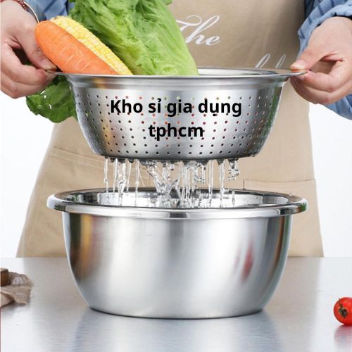 Bộ Thau Rổ Inox 304 Sâu lòng, Dày Size 26cm, Bộ Thau Inox Sâu Lòng + Rổ ...