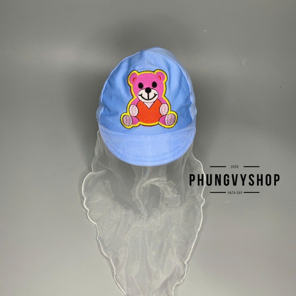 (SALE)Mũ cho bé có khăn voan cản gió che bụi cho bé sơ sinh trai gái phungvyshop- nón Lưỡi trai nhí VON GẤU KẾT NGỒI