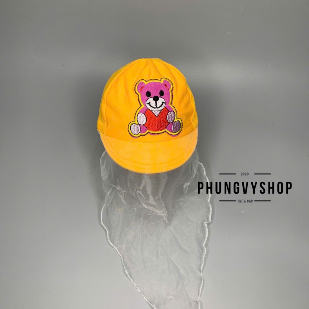(SALE)Mũ cho bé có khăn voan cản gió che bụi cho bé sơ sinh trai gái phungvyshop- nón Lưỡi trai nhí VON GẤU KẾT NGỒI