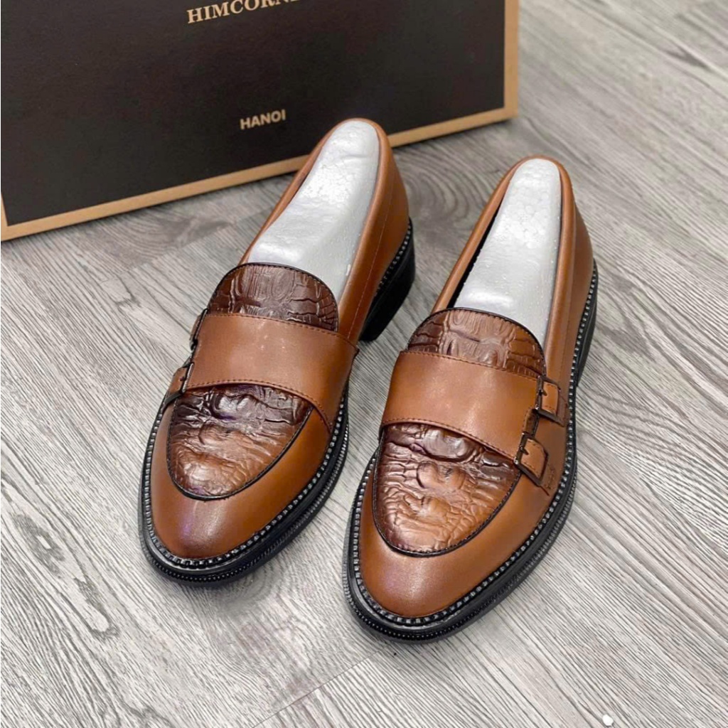 Giày Nam Giày Tây Nam Công Sở, Giày Lười Loafer Nam Da Bò Dập Vân Cá Sấu Thiết Kế 2 Khóa Đơn Giản Thanh Lịch -  Mã 6161