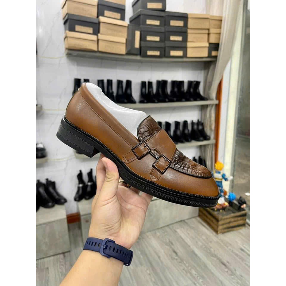 Giày Nam Giày Tây Nam Công Sở, Giày Lười Loafer Nam Da Bò Dập Vân Cá Sấu Thiết Kế 2 Khóa Đơn Giản Thanh Lịch -  Mã 6161