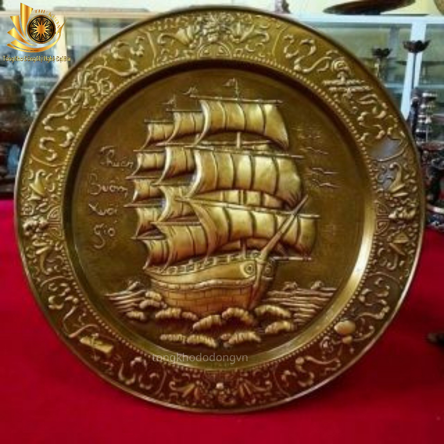 Tranh Mâm Đồng Thuận Buồm, Tứ Linh, Song Ngư Chất Liệu Đồng Vàng Nguyên Chất Đồ Đồng Đại Bái