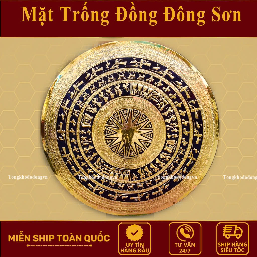 Tranh Trống Đồng Gò Vẽ Nền ĐK 100cm Cỡ Lớn Đồng Vàng Nguyên Chất Treo Tường Khung Gỗ Sồi Nga Cao Cấp Đồ Đồng Đại Bái
