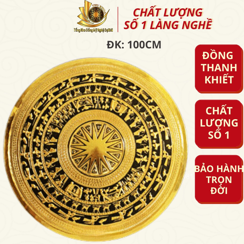 Tranh Trống Đồng Gò Vẽ Nền ĐK 100cm Cỡ Lớn Đồng Vàng Nguyên Chất Treo Tường Khung Gỗ Sồi Nga Cao Cấp Đồ Đồng Đại Bái