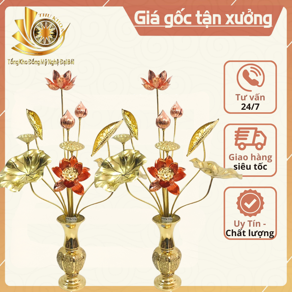 Hoa Sen Đồng Vàng Đẹp Bó 10 bông Cỡ To Loại 1 + Lọ Hoa Bằng Đồng Vàng Họa Tiết Bông Cúc Làng Nghề Đúc Đồng Đại Bái