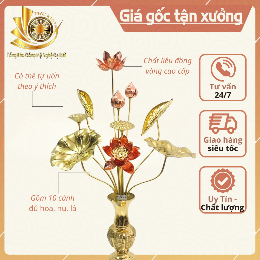 [LOẠI 1] Lọ Hoa 10 Cành Bông Hoa Sen Cỡ To Đồng Vàng Mix Đồng Đỏ Nguyên Chất Trưng Phòng Khách Hoặc Bàn Thờ