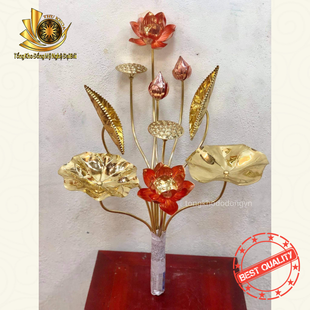 [LOẠI 1] Lọ Hoa 10 Cành Bông Hoa Sen Cỡ To Đồng Vàng Mix Đồng Đỏ Nguyên Chất Trưng Phòng Khách Hoặc Bàn Thờ