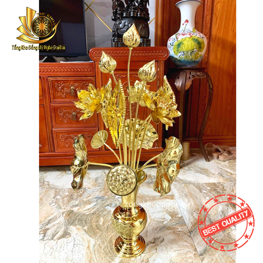 [LOẠI 1] Lọ Hoa 10 Cành Bông Hoa Sen Cỡ To Đồng Vàng Mix Đồng Đỏ Nguyên Chất Trưng Phòng Khách Hoặc Bàn Thờ