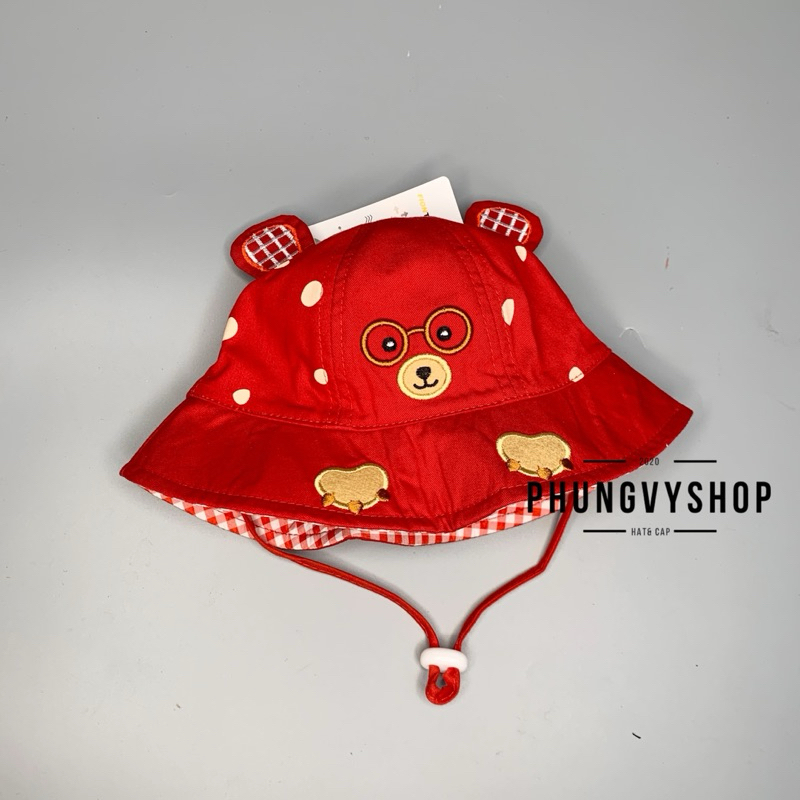 Bé dưới 12 tháng/ Vòng đầu 47cm- Mũ tai bèo vành cực dễ thương BO NHÍ GẤU ĐEO KIẾNG- Nón bucket trẻ em trai gái