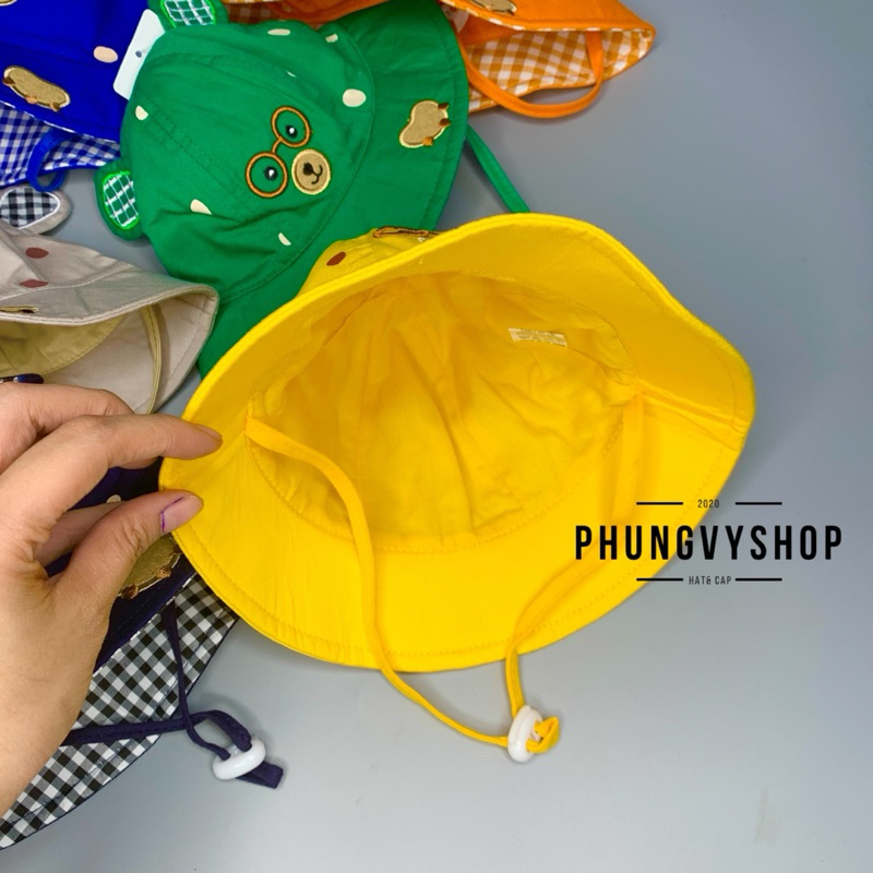 Bé dưới 12 tháng/ Vòng đầu 47cm- Mũ tai bèo vành cực dễ thương BO NHÍ GẤU ĐEO KIẾNG- Nón bucket trẻ em trai gái
