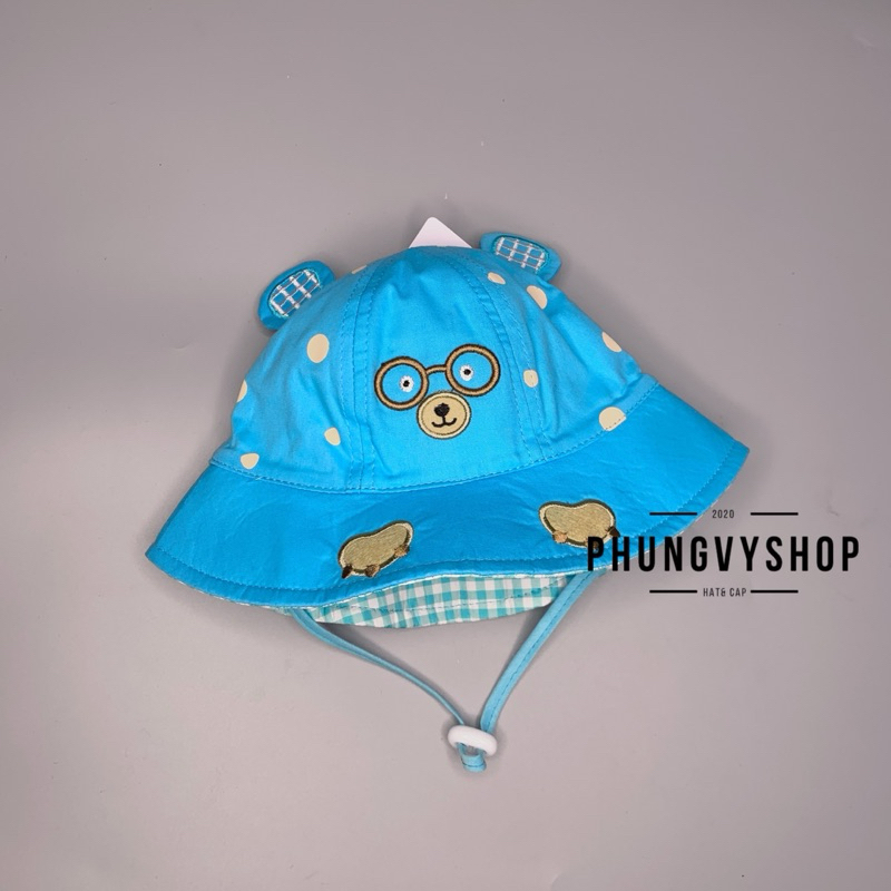 Bé dưới 12 tháng/ Vòng đầu 47cm- Mũ tai bèo vành cực dễ thương BO NHÍ GẤU ĐEO KIẾNG- Nón bucket trẻ em trai gái