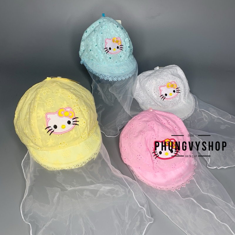 Mũ cho bé có khăn voan cản gió che bụi cho bé sơ sinh- VẢI ĐỤC LỖ HOA KITTYY- nón trai gái