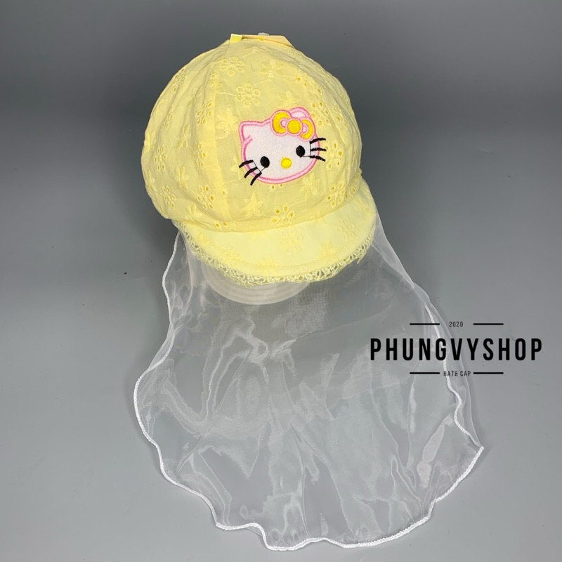 Mũ cho bé có khăn voan cản gió che bụi cho bé sơ sinh- VẢI ĐỤC LỖ HOA KITTYY- nón trai gái