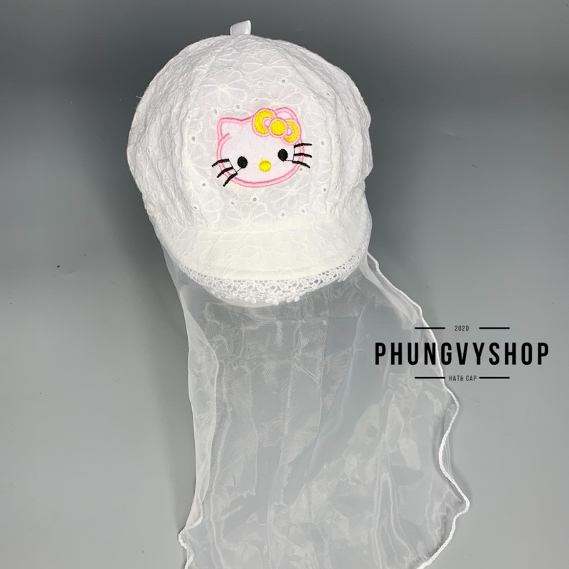 Mũ cho bé có khăn voan cản gió che bụi cho bé sơ sinh- VẢI ĐỤC LỖ HOA KITTYY- nón trai gái