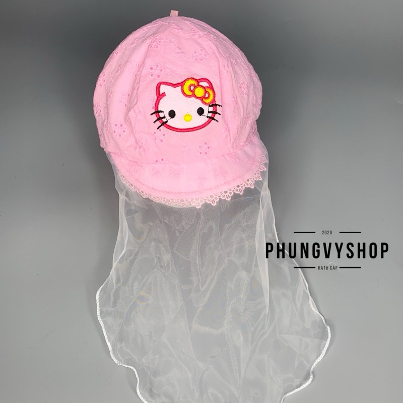 Mũ cho bé có khăn voan cản gió che bụi cho bé sơ sinh- VẢI ĐỤC LỖ HOA KITTYY- nón trai gái