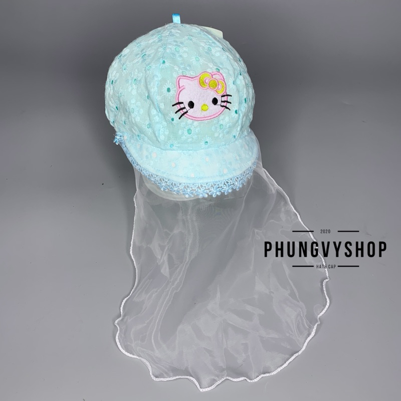 Mũ cho bé có khăn voan cản gió che bụi cho bé sơ sinh- VẢI ĐỤC LỖ HOA KITTYY- nón trai gái