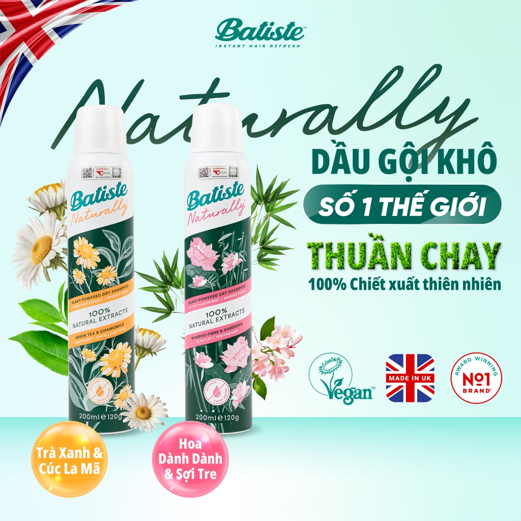 Ảnh 2 Chai Dầu Gội Khô Batiste 100% Naturally Tinh Chất Thiên Nhiên Giúp Tóc Hết Bết Dính, Tươi Mới 200ml 1