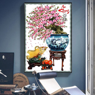Tranh Treo Tường Chậu Bonsai Hoa Đào Nở Rộ - Tranh Treo Tường Laminate Tráng Gương (60x90cm)