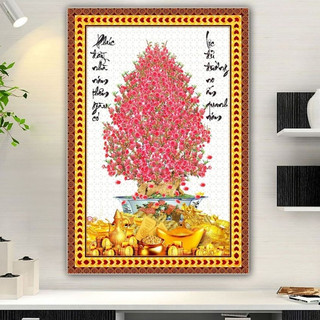 Tranh Treo Tường Chậu Bonsai Hoa Đào Nở Rộ - Tranh Treo Tường Laminate Tráng Gương (60x90cm)