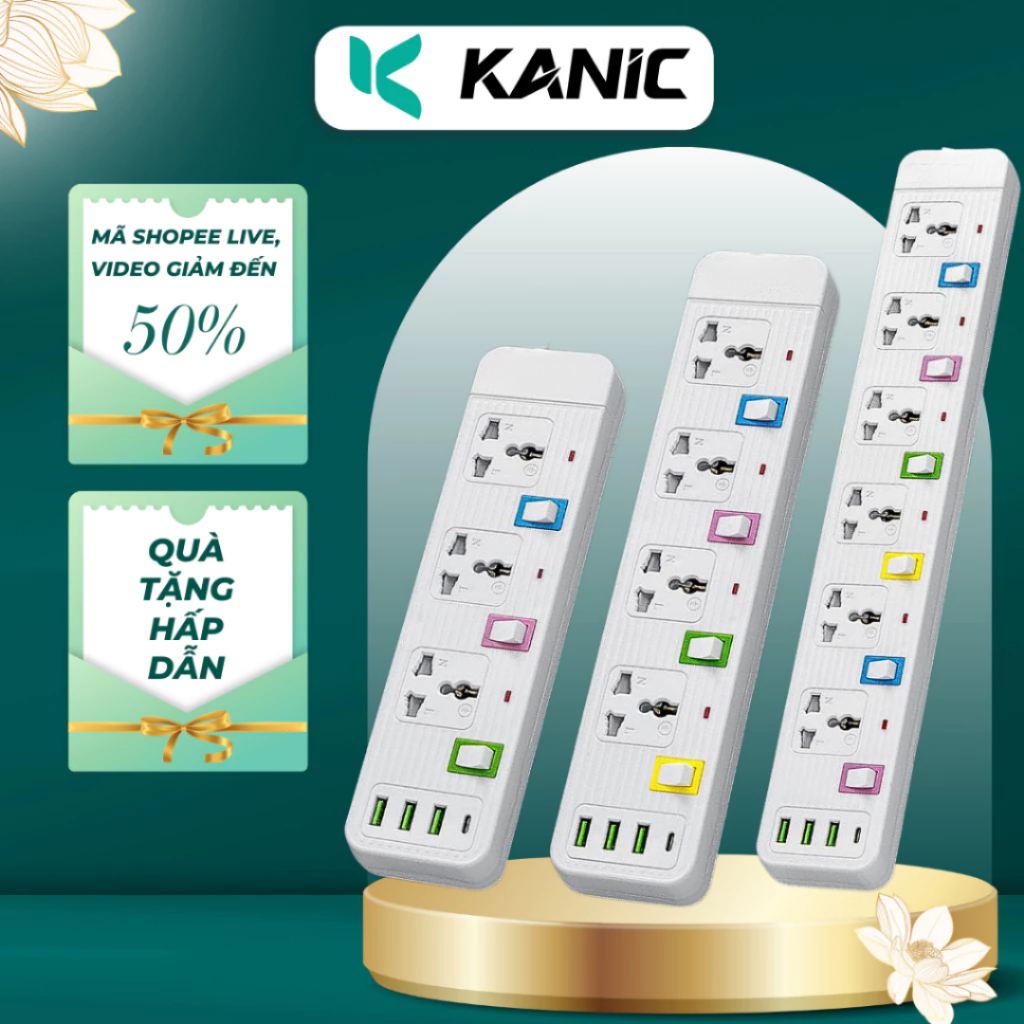 Ổ Cắm Điện Có Chốt Bấm Chống Giật An Toàn KANIC, Ổ Điện USB Đa Năng Chịu Tải 2500W Dài 4m Cổng USB Có Khóa Bảo Vệ